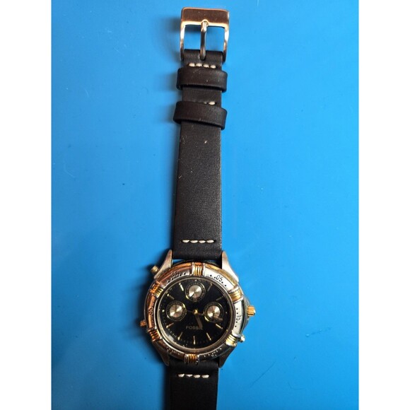 Vintage Fossil BQ8643 Black/Gold -Silver Tone Dive Watch. New Band + Battery - Picture 11 of 13